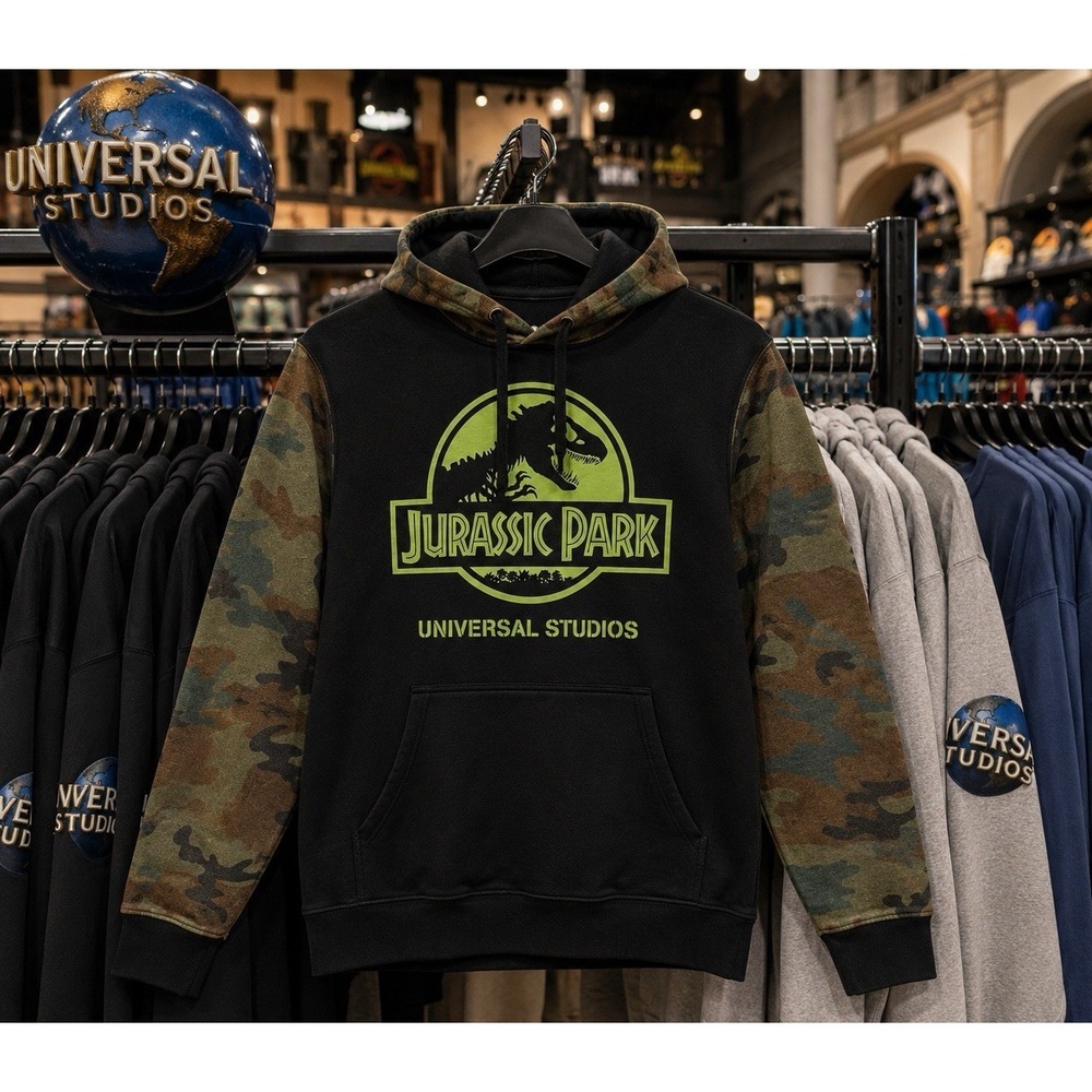Jurassic Park Universal Studios Dinosaur Hoodie Unisex Sm Camo Fleece‎ Pullover